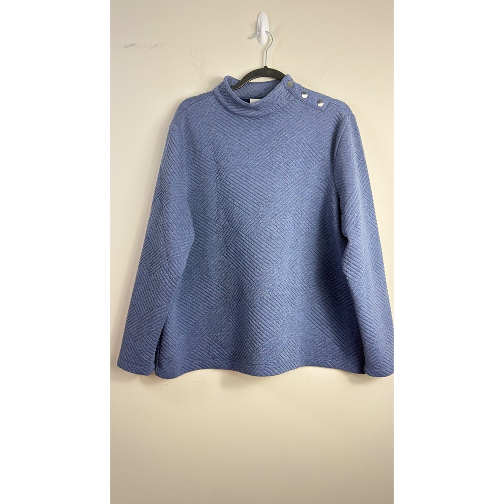Weekends by Chicos Pullover Blue Quilted Mock Neck Button Shoulder Womens Size 3
